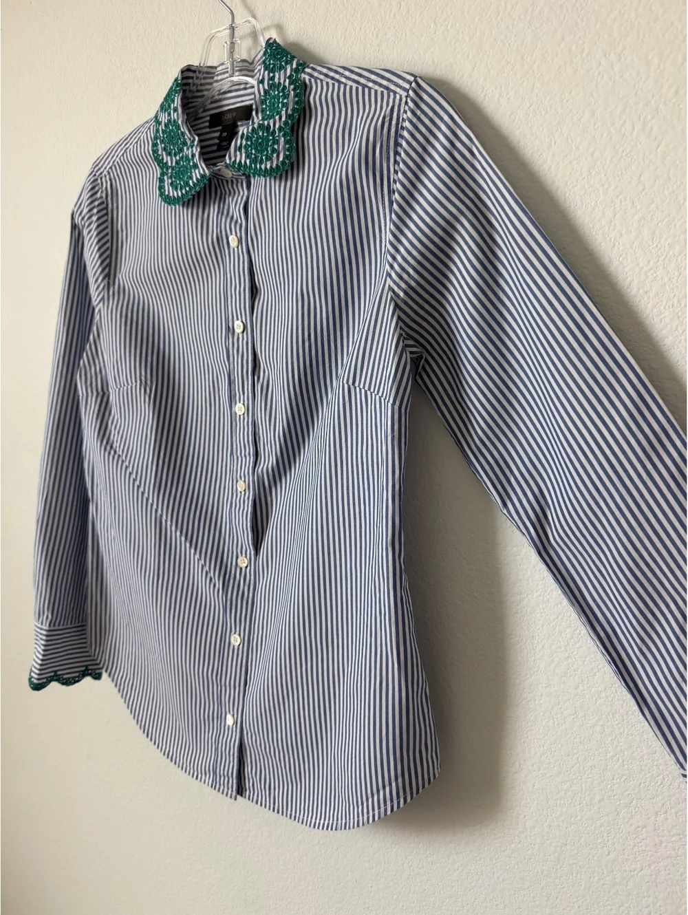J. Crew Blue/White Striped Long Sleeve Button Up Embroidered Trim Shirt Size 00